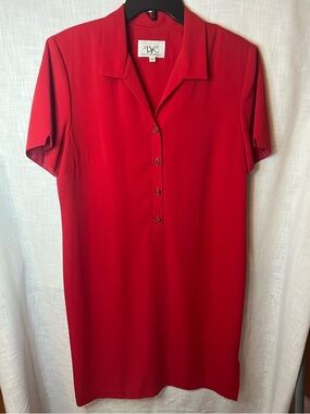 Donna Ricco Vibrant Red Collared Button-Front shirt sleeve Shift Dress size 16